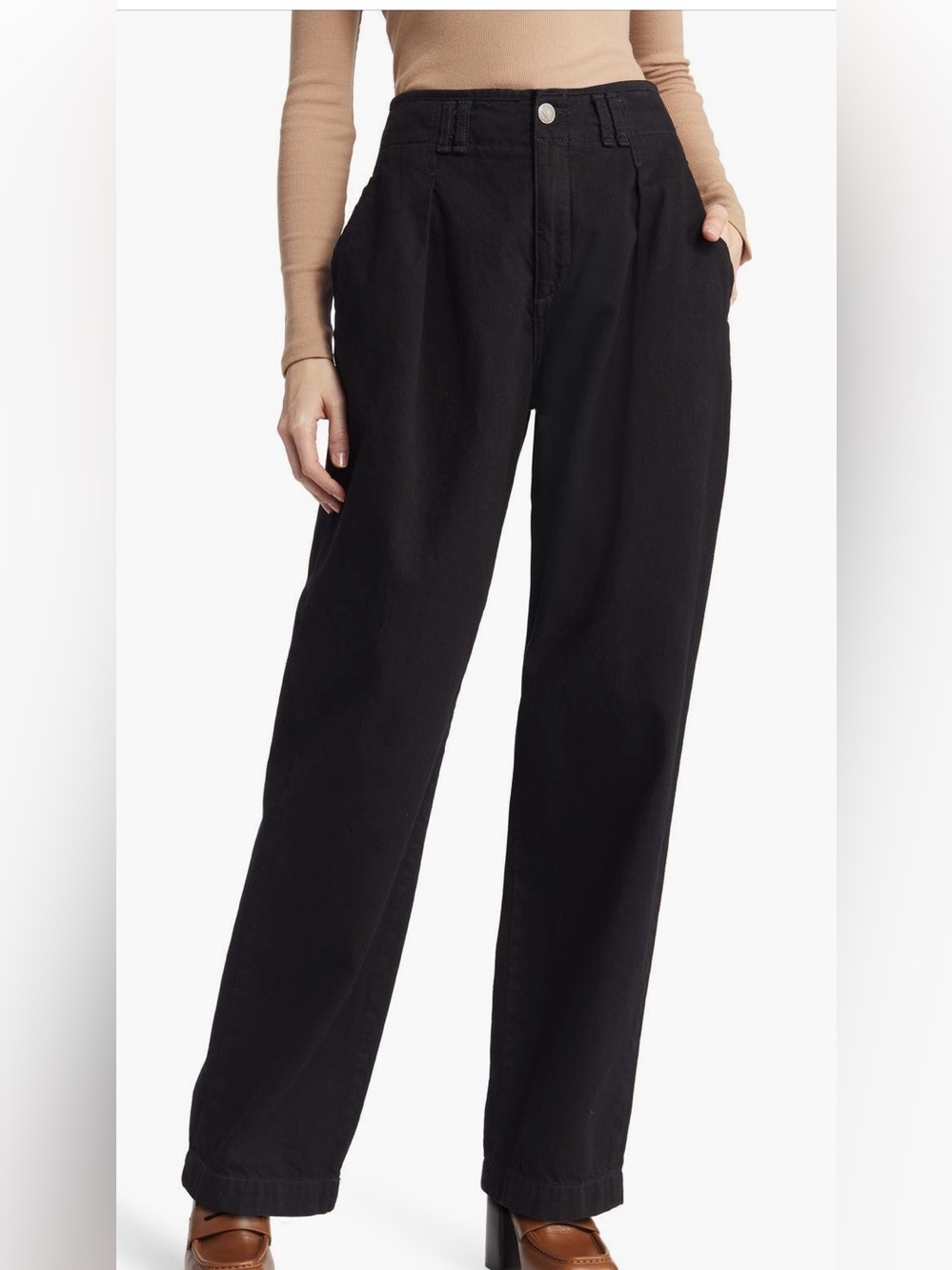 rag & bone Black High Waist Pleated Cotton/Denim Trouser